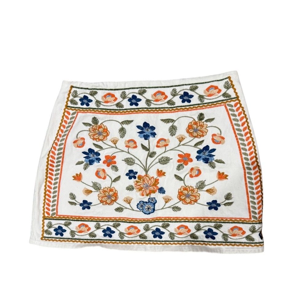 100 % cotton Mi Ami White‎ Denim Floral Embroidered Mini Skirt Boho  Womens L